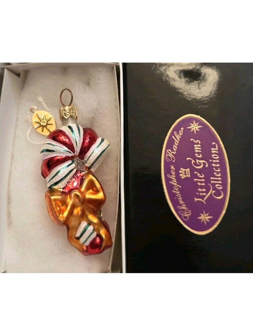 Christopher Radko Little Gems Winter Twist Candy Cane & Bow Glass Ornament w/Box